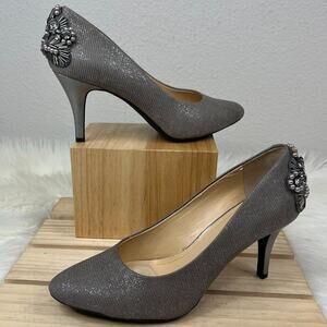 Alex Marie Silver Metallic Sheen Pumps Faux Snakeskin Jeweled Heel Women…